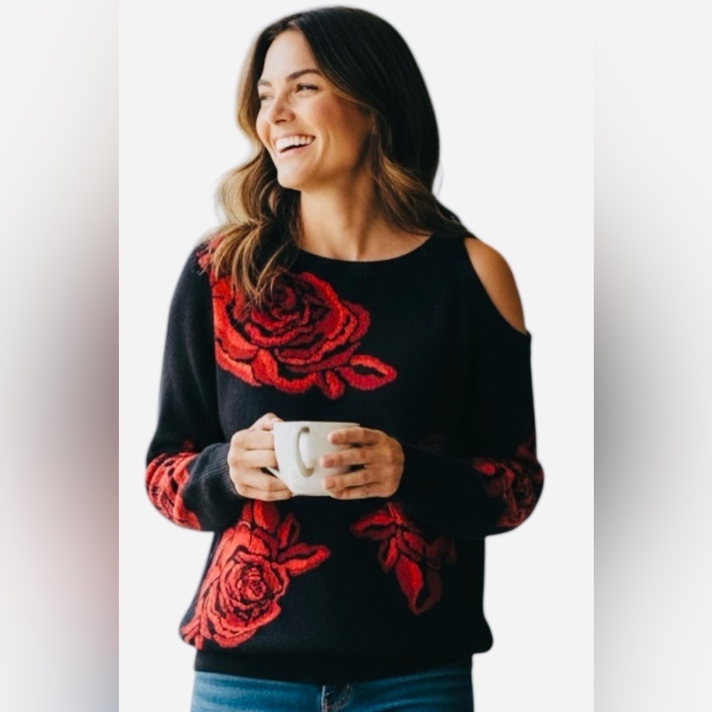 Willow Drive Black Red Rose Knit Sweater Cold Shoulder Size XS